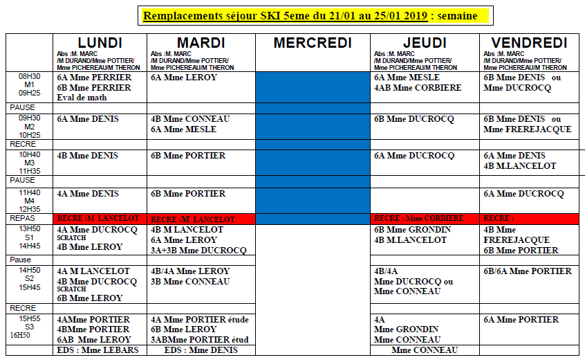 Modification des emplois du temps pour la semaine du 21 au 25 janvier 2019