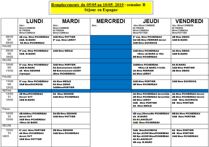 Modification des emplois du temps pour la semaine du 6 au 10 mai 2019