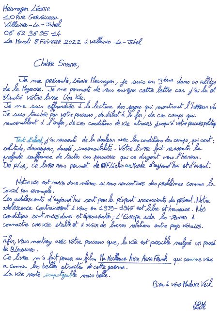 Lettres des 3èmes à Simone Veil